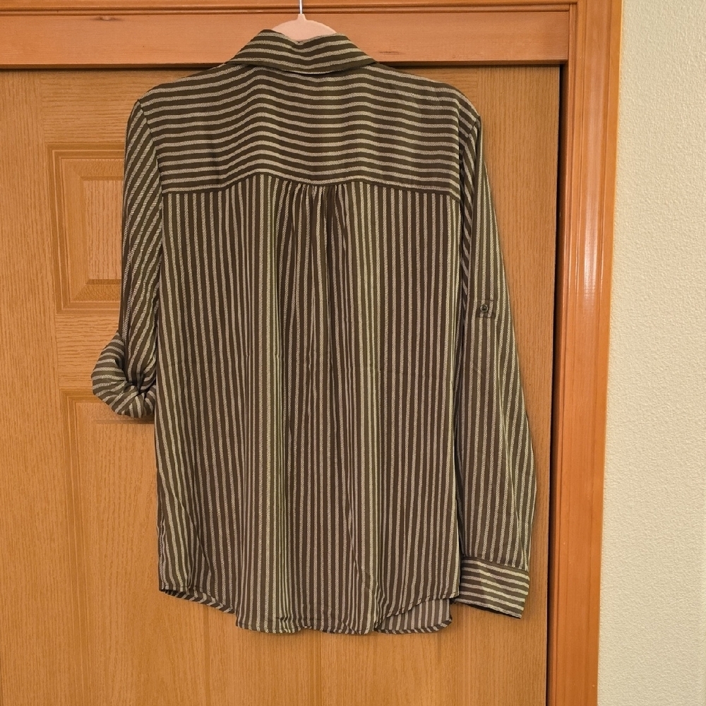 Olive Green and White Casual Button Down Shirt with Stripes - Picture 6 of 7